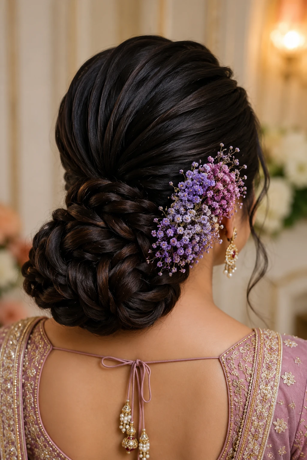 Woven Braided Bun with Lavender Baby's Breath