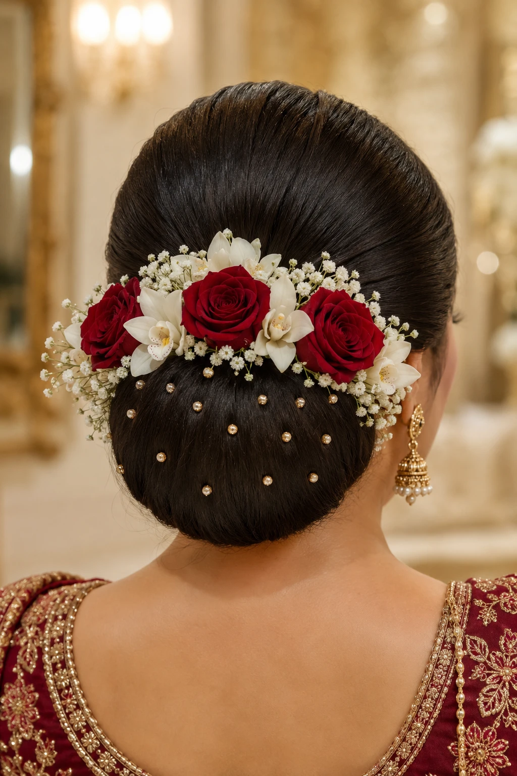 Sleek Round Bun with Red Roses and White Orchids