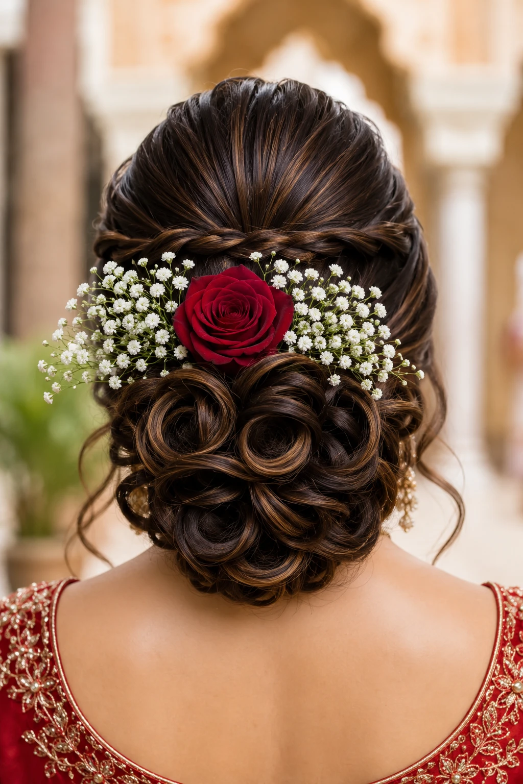 Curly Rosette Bun with Single Red Rose