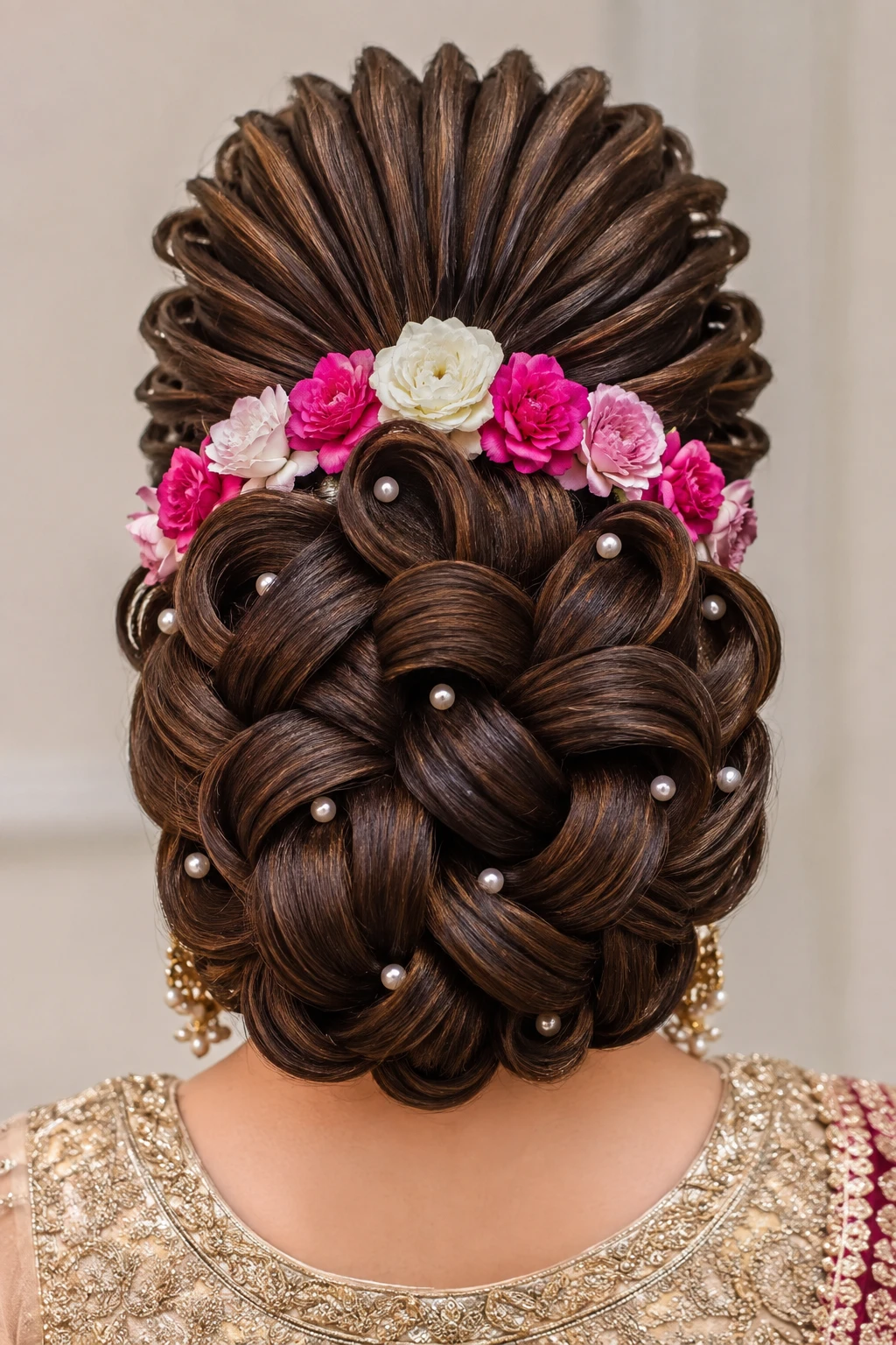 Fan Braided Bun with Pink Roses and Pearls