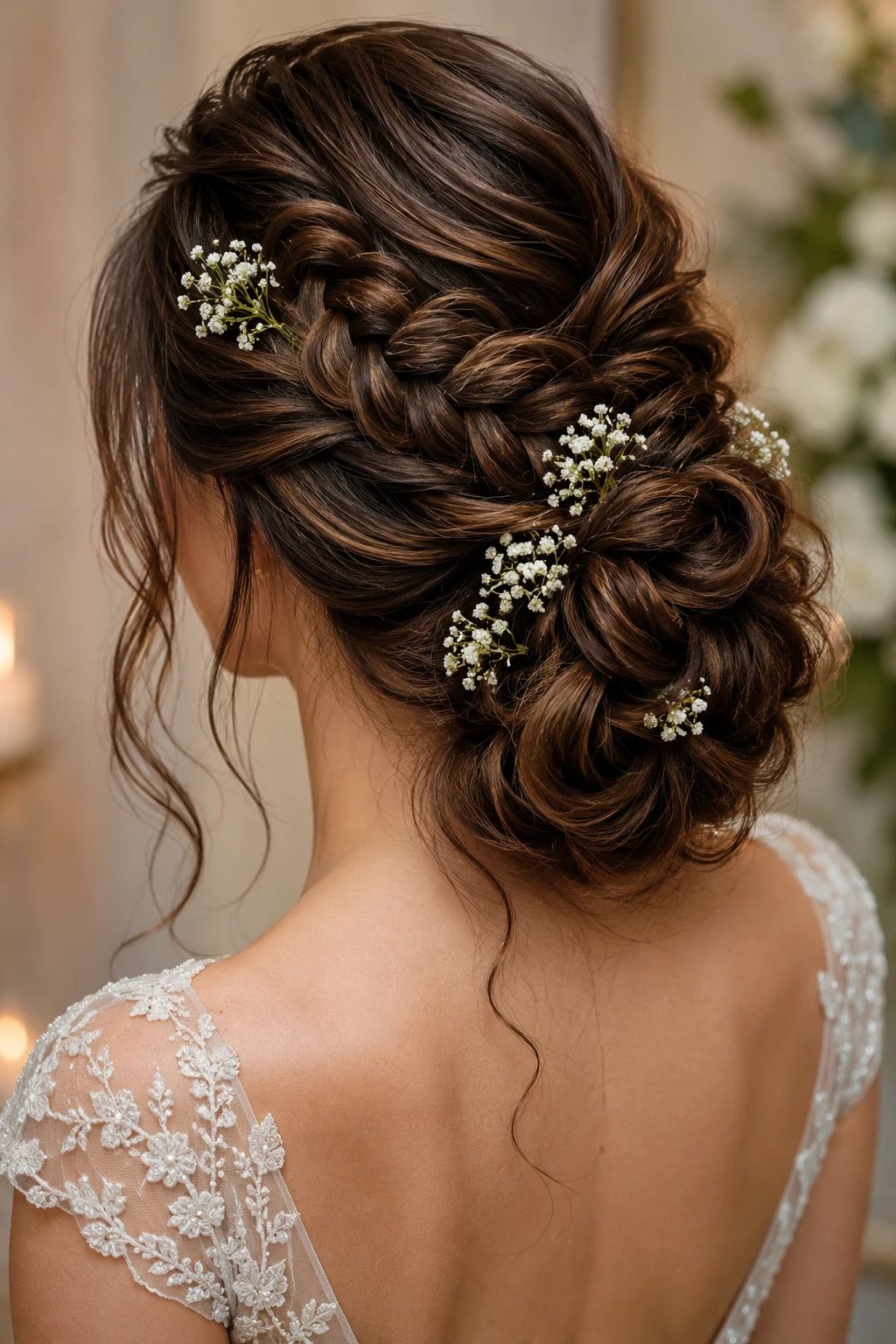 French Braided Curly Bun with Scattered Baby's Breath