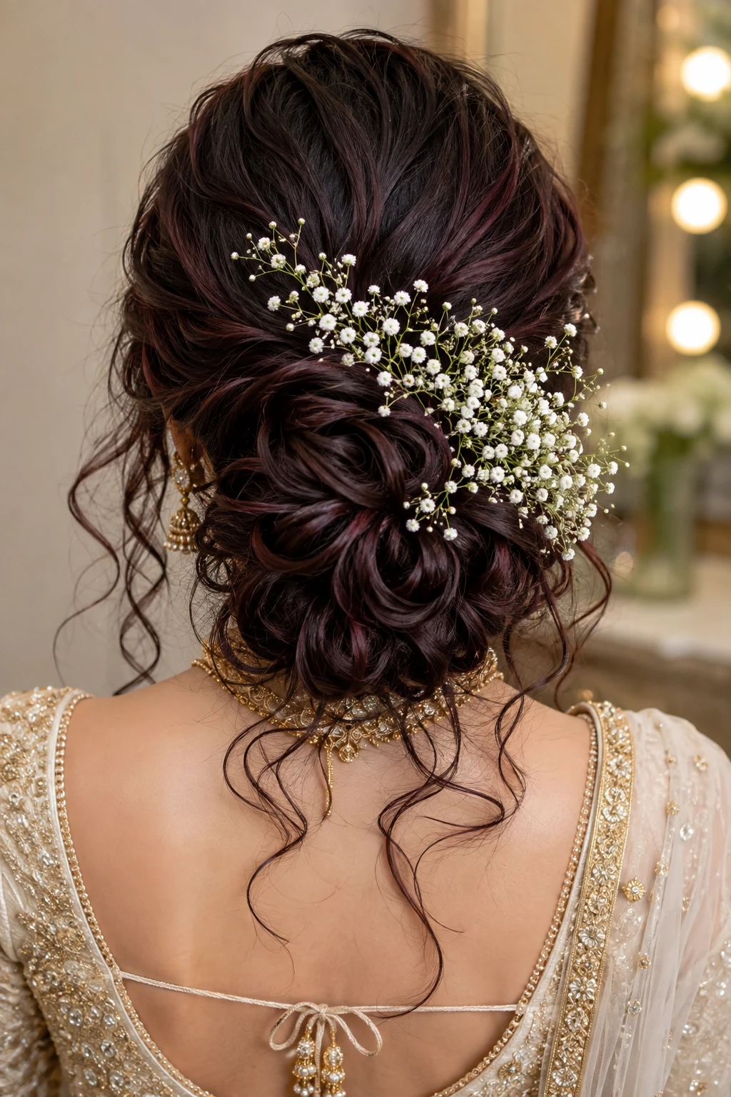 Curly Rose Bun with Cascading Baby's Breath