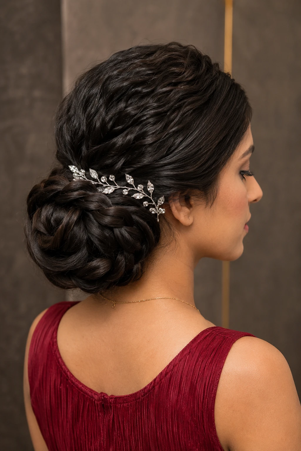 Twisted Braided Bun with Silver Leaf Vine