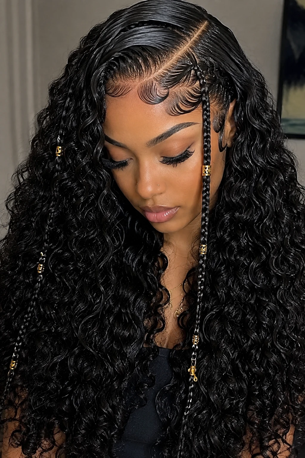 Braided Crown Curly Waves with Gold Cuffs