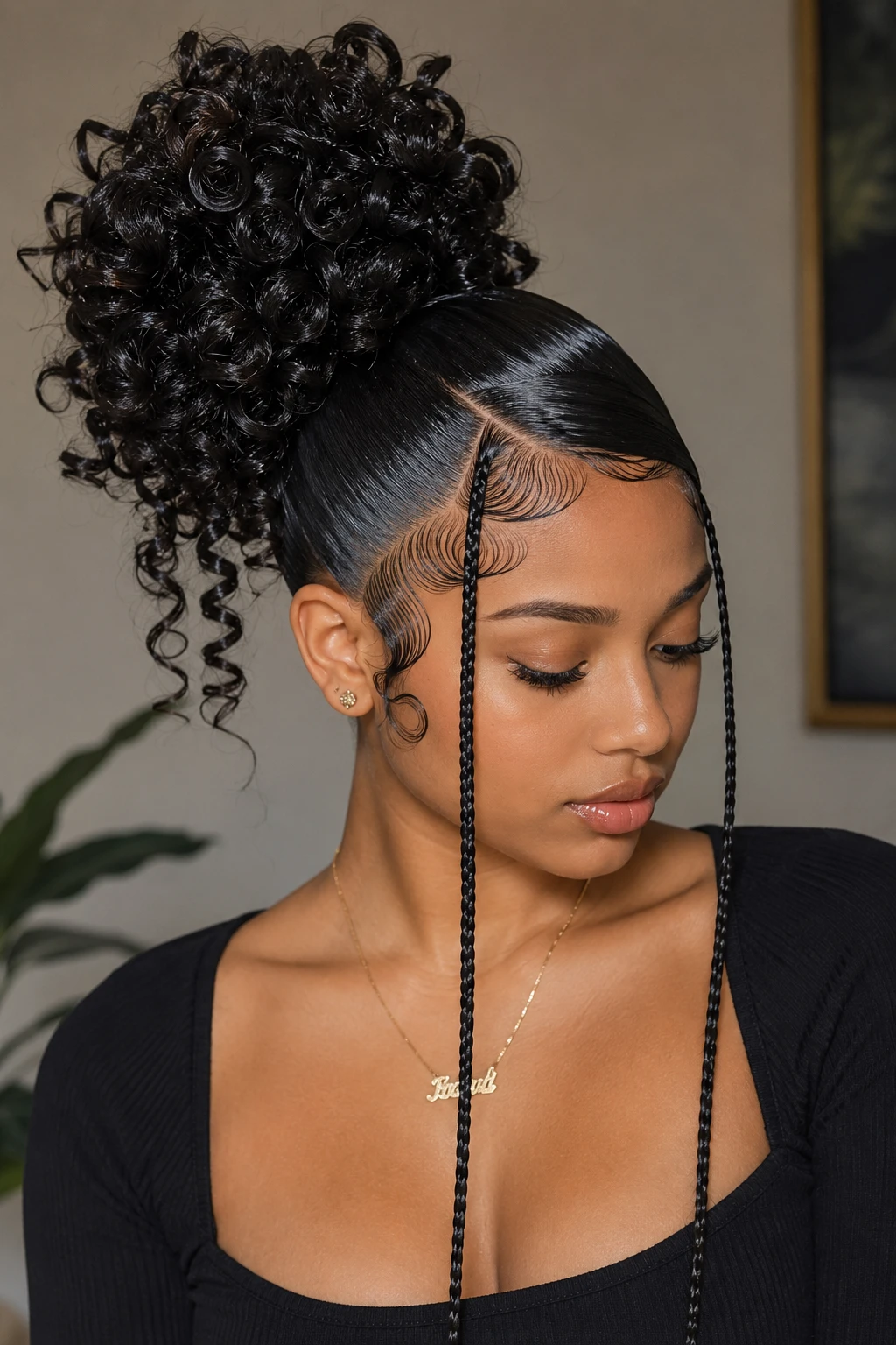 Sleek High Curly Bun with Face-Framing Braids