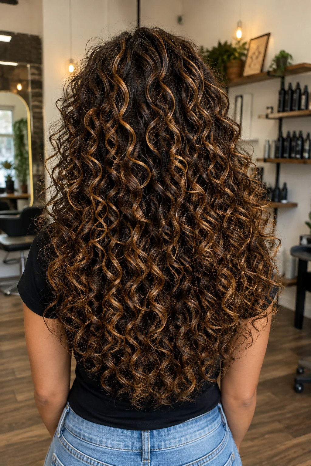 Long Bouncy Spiral Curls with Caramel Highlights