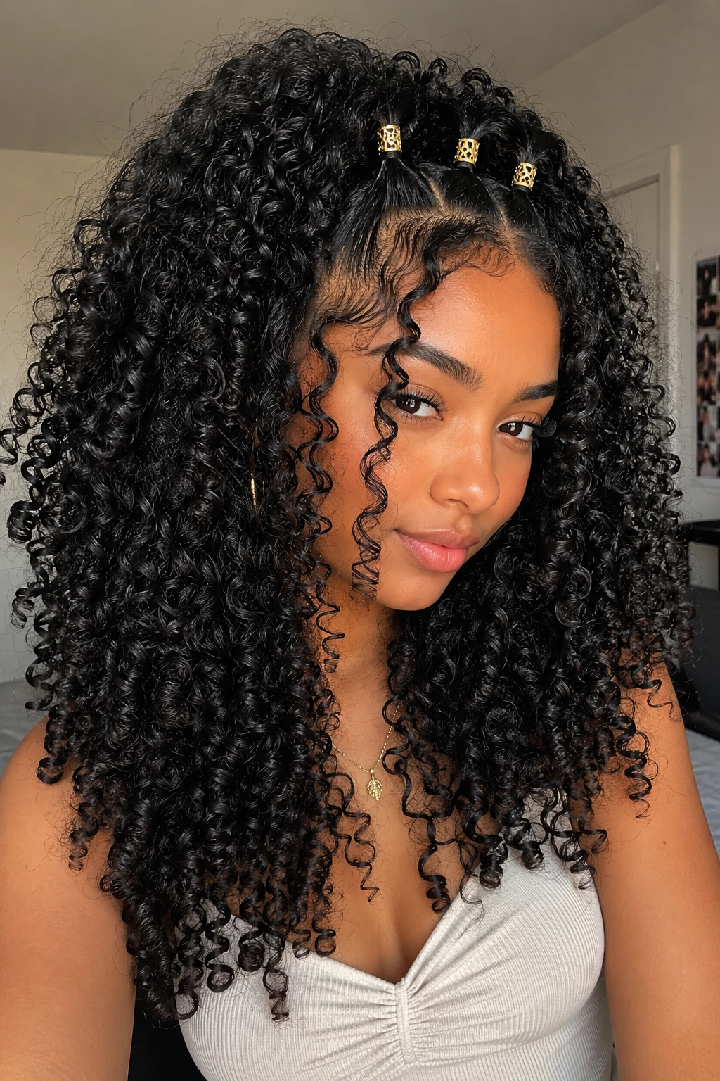 Triple Mini Ponytails with Gold Cuffs on Curly Hair