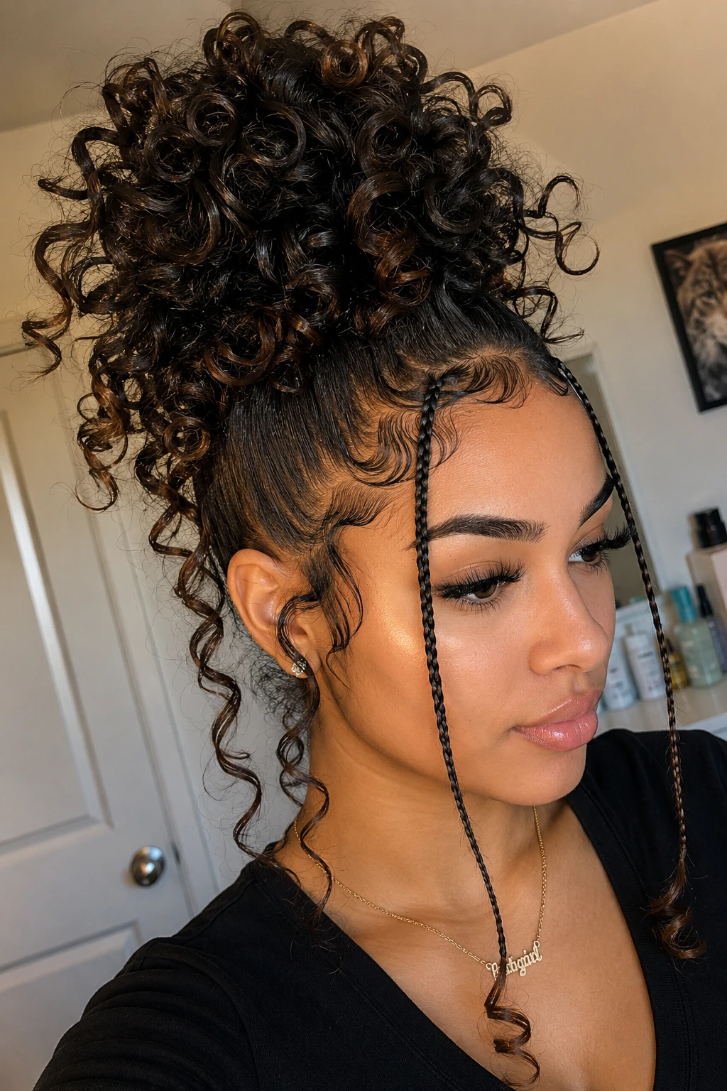 High Curly Ponytail with Face-Framing Braid