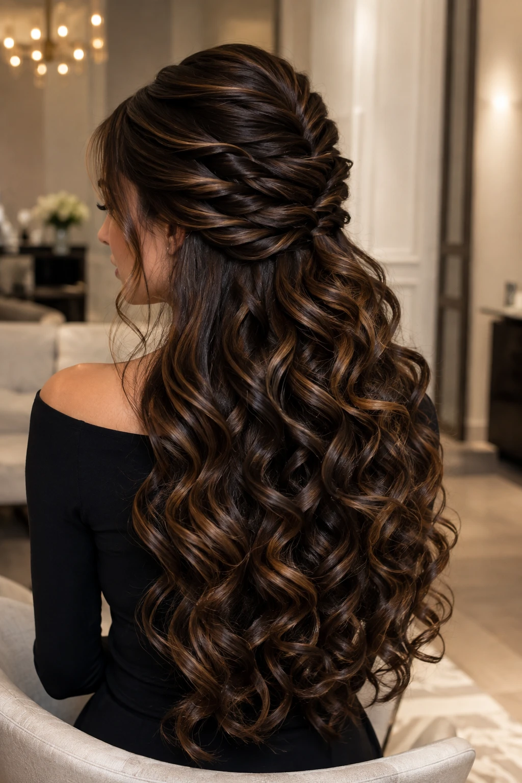 Twisted Half Up Style with Long Voluminous Curls