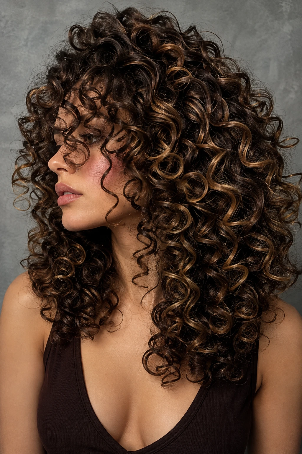 Voluminous Curly Shag with Curtain Bangs