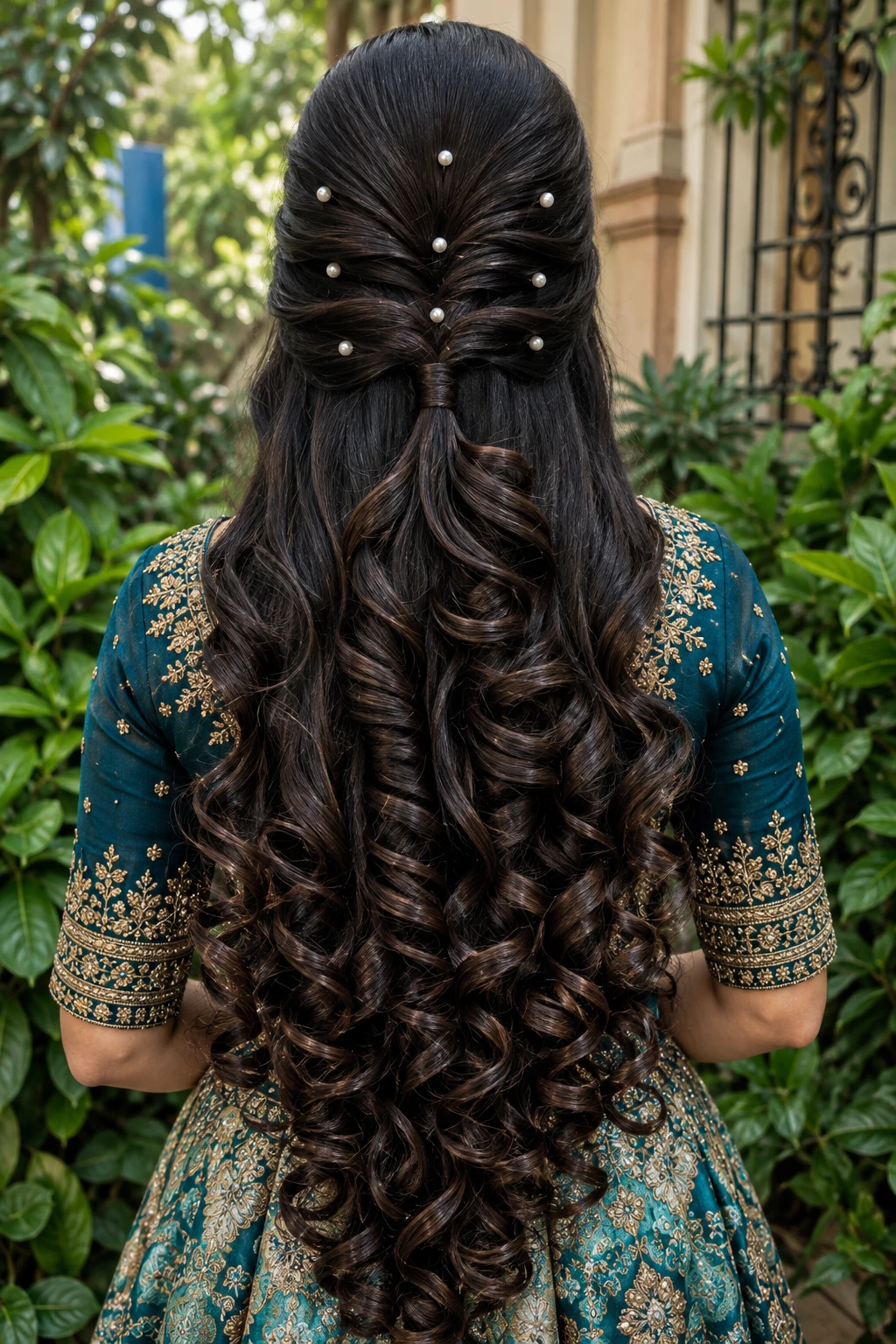 Half Up Style with Scattered Pearls and Ringlet Curls
