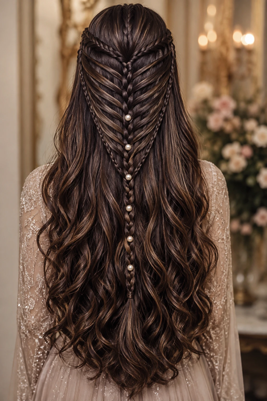 Pearl Studded Fishtail Braid with Loose Waves