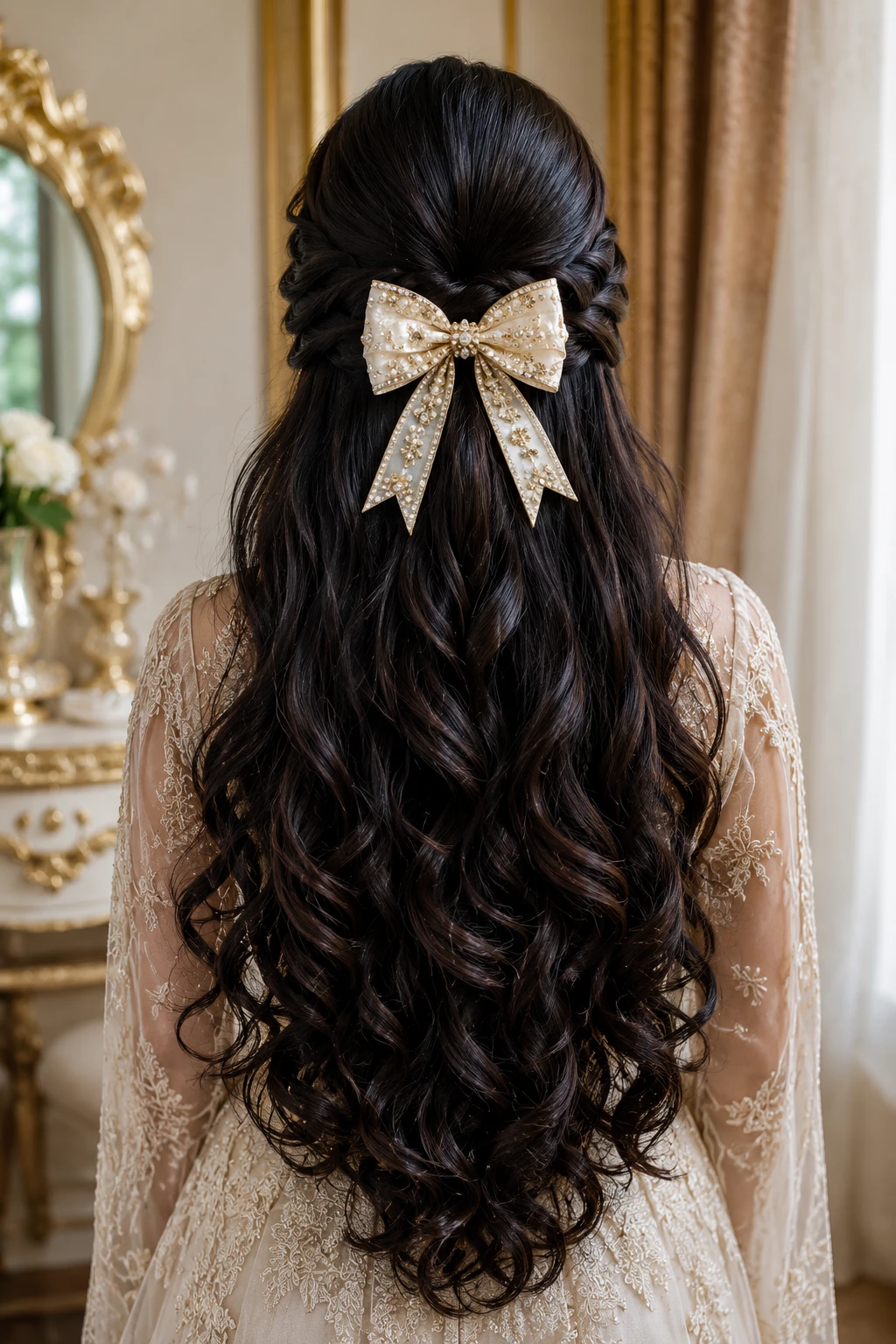 Half Up Style with Beaded Bow and Long Curls