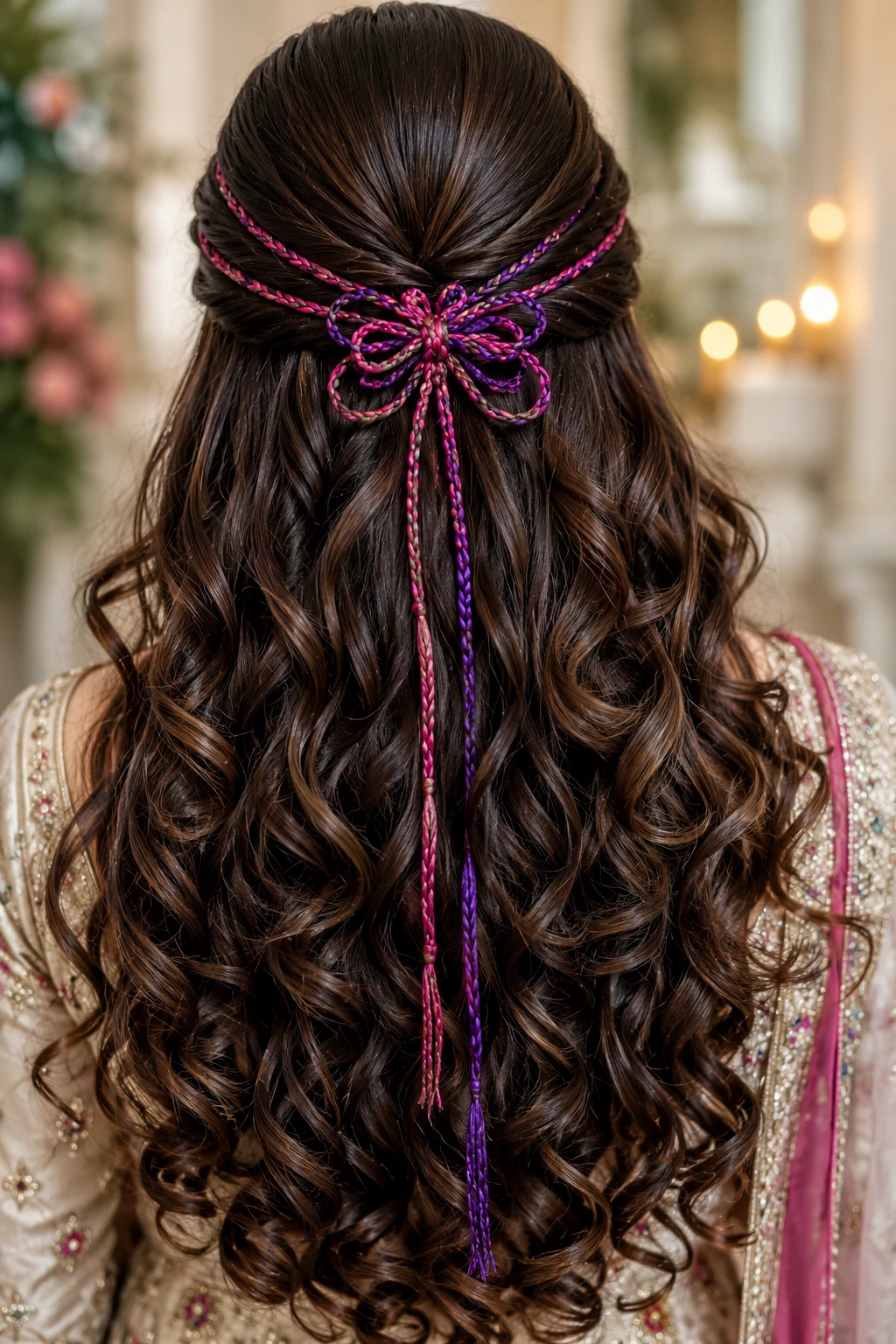 Half Up Style with Woven Bow and Cascading Curls