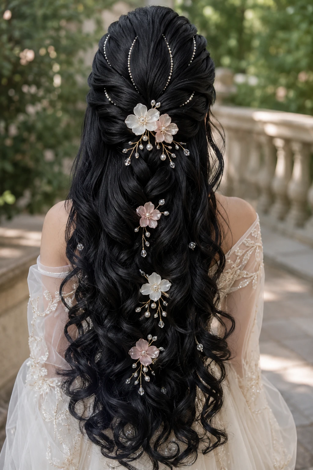 Bridal Half Up Style with Floral Pins and Pearl Trails