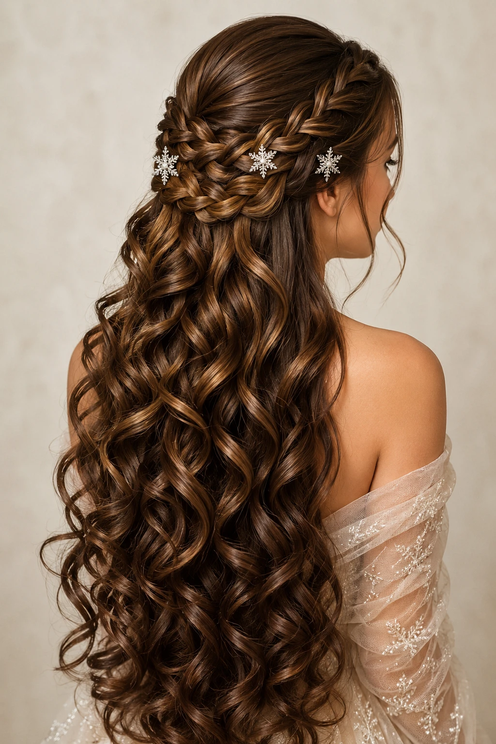 Braided Half Up with Snowflake Pins and Long Curls