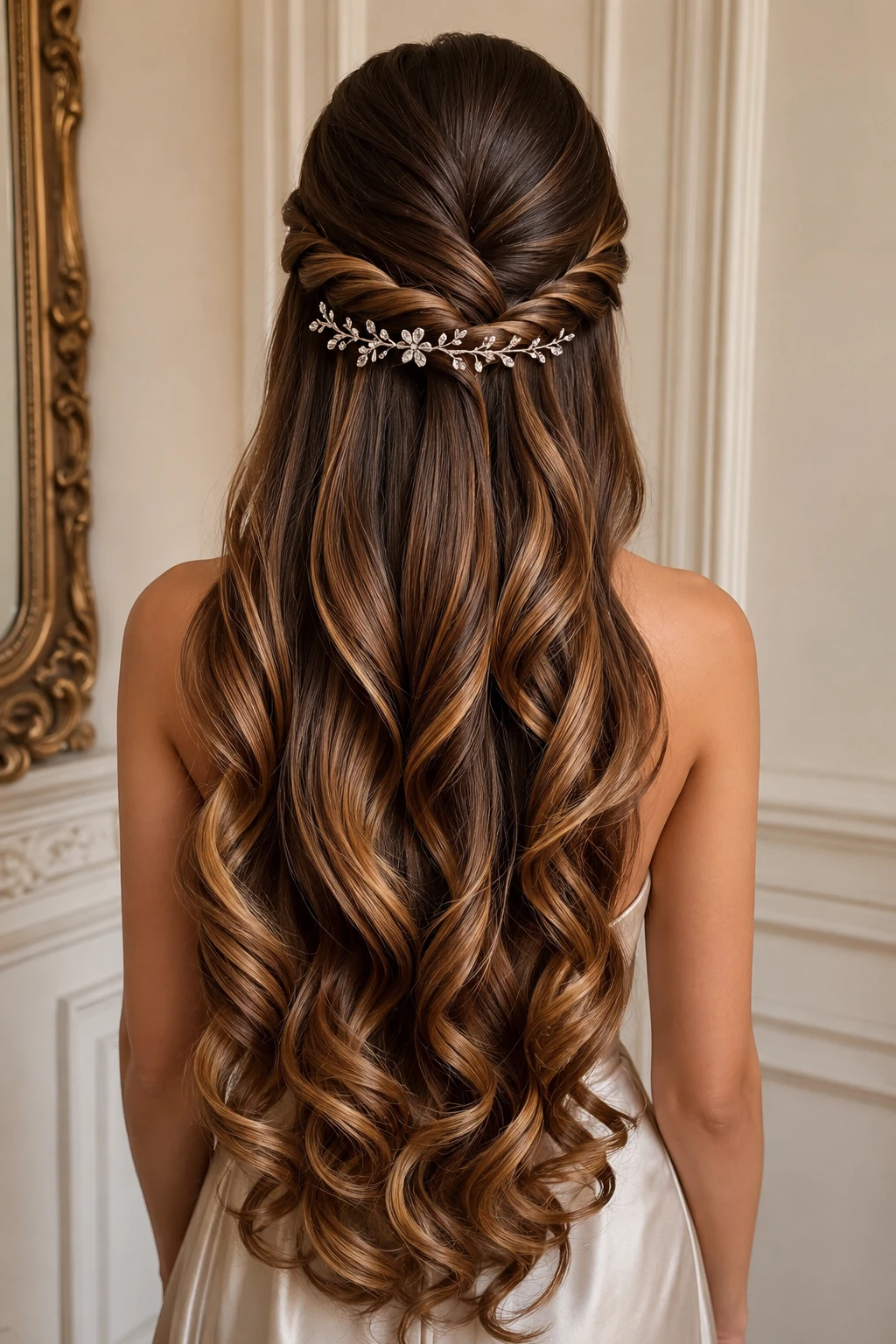 Half Up Twisted Style with Floral Hairpiece and Waves