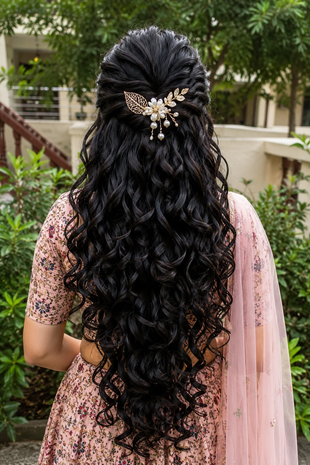 Half Up Style with Pearl Hairpiece and Long Curls