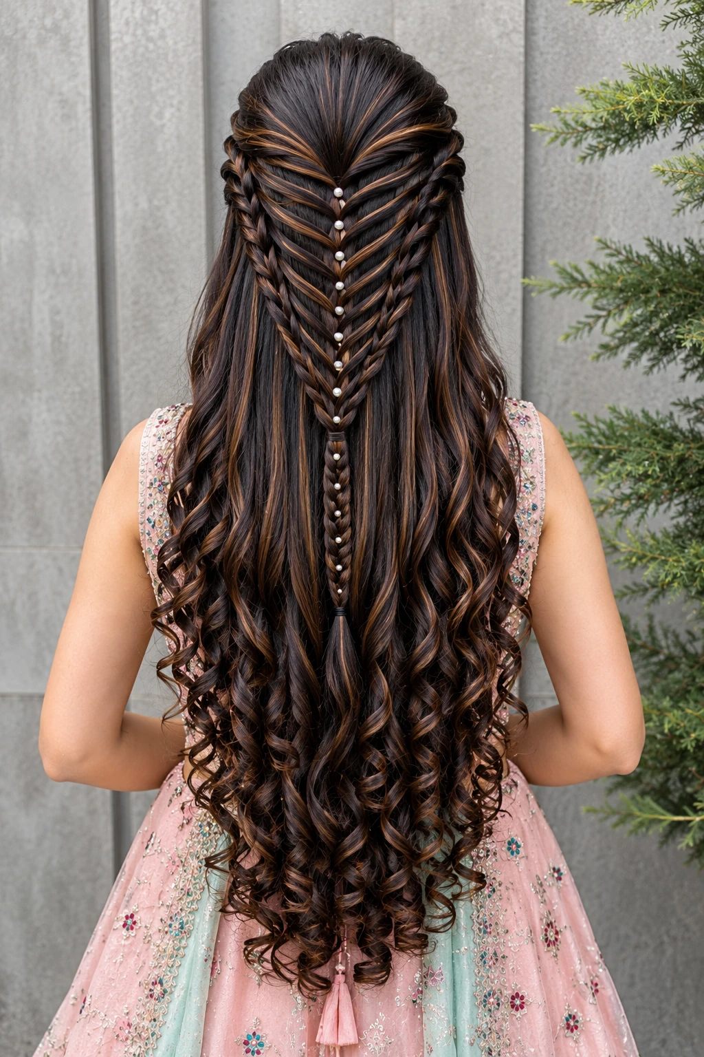 Feather Braid with Pearl Accents and Cascading Curls
