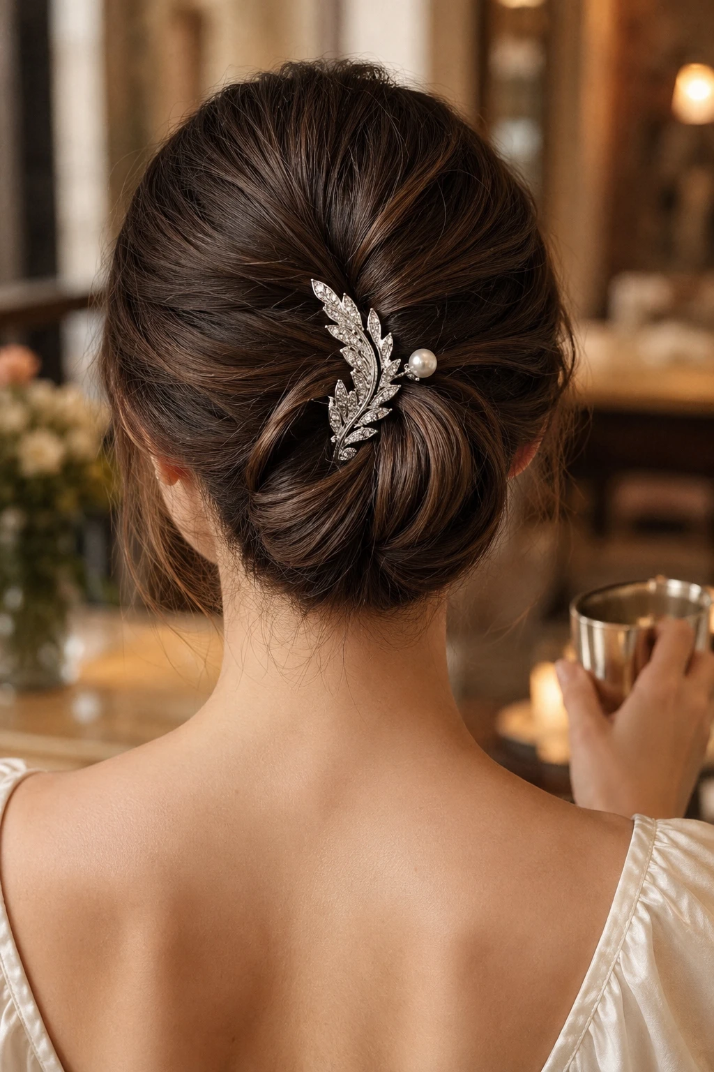 Silver Leaf Pearl Twisted Chignon Claw Clip