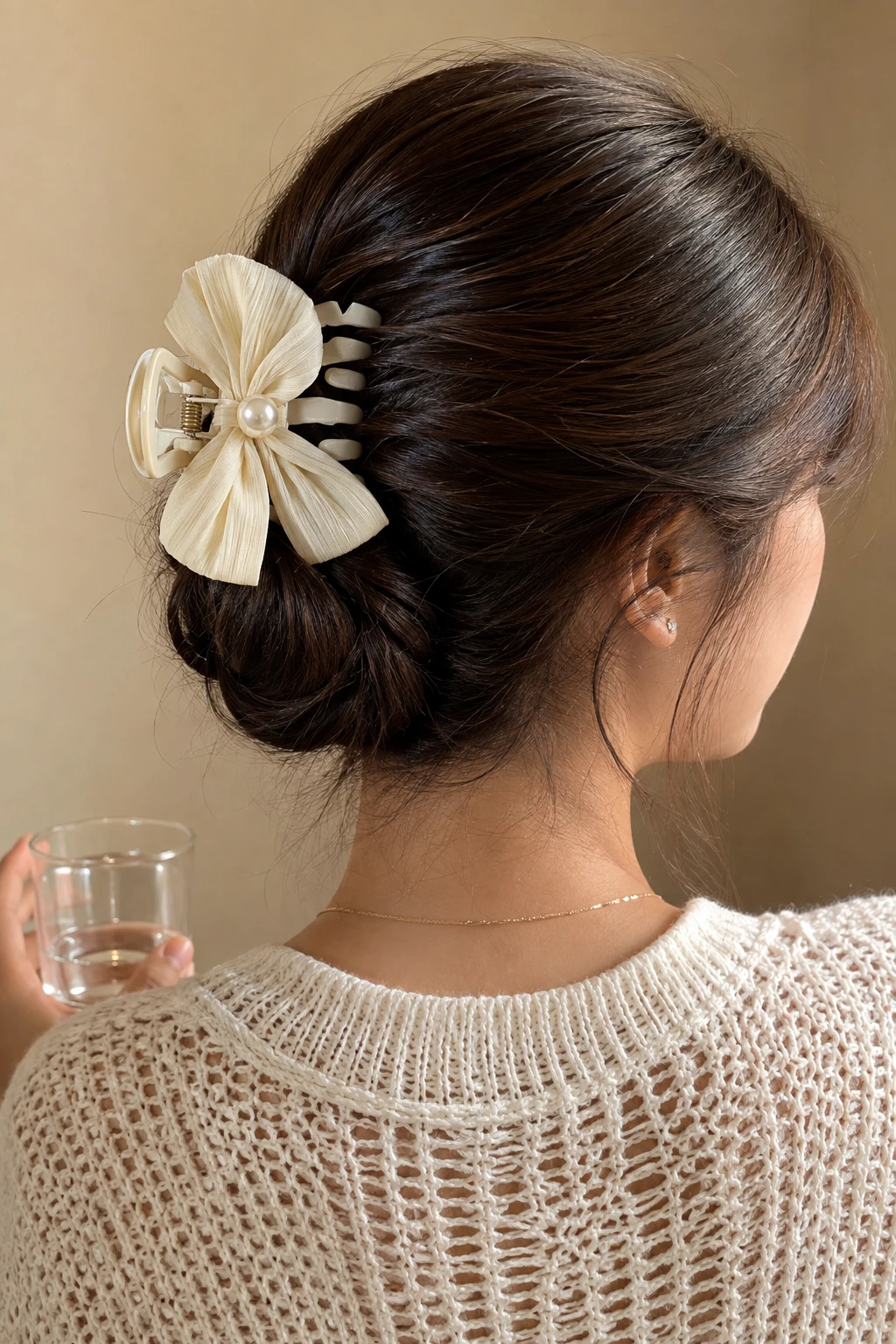 Ivory Fabric Bow Twisted Bun Claw Clip