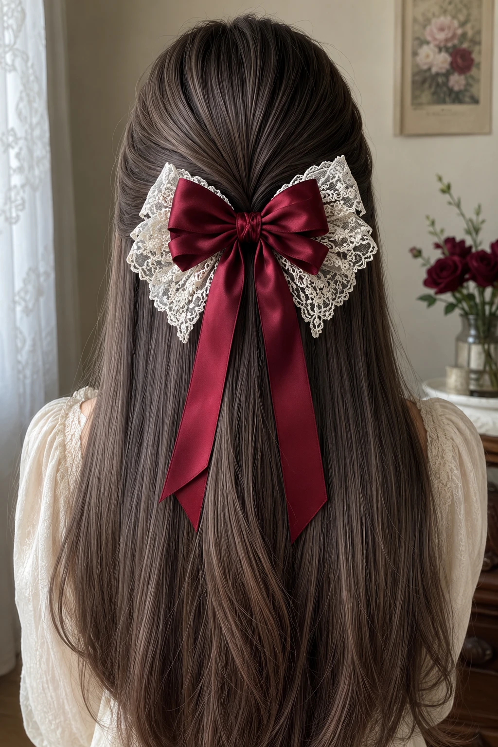 Burgundy Satin Bow Lace Half-Up Claw Clip