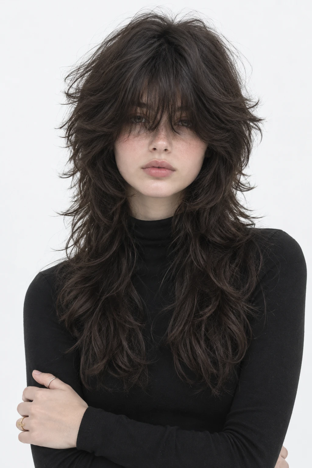 Long Layered Brunette Wolf Cut with Wispy Bangs