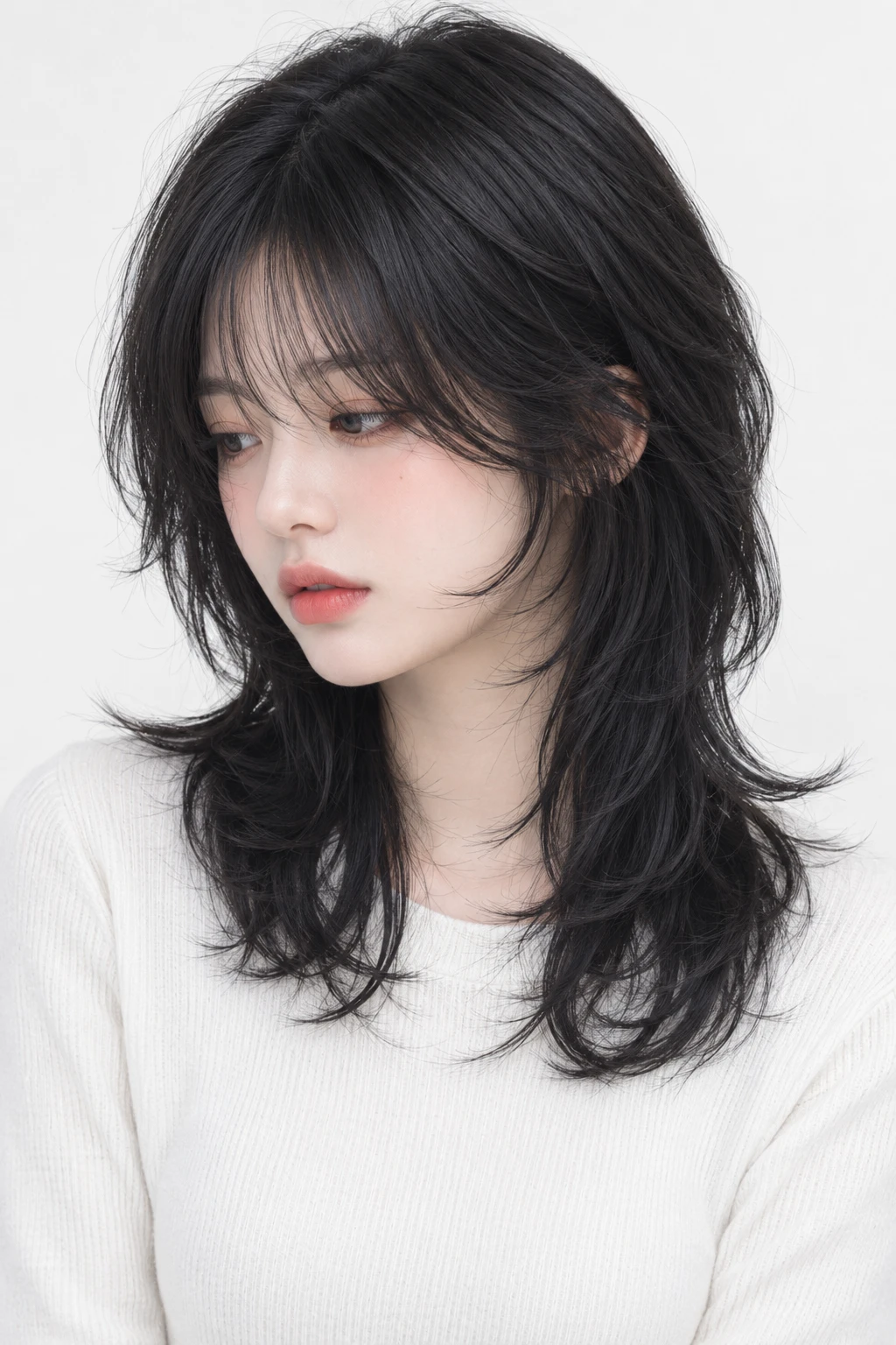 Sleek Black Korean Wolf Cut with Curtain Fringe