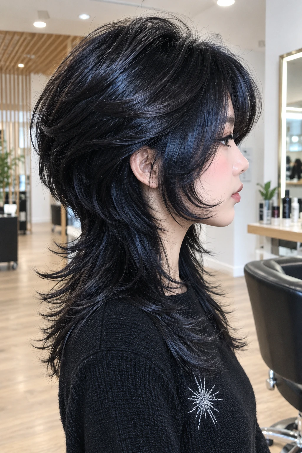 Voluminous Black Wolf Cut with Feathered Layers