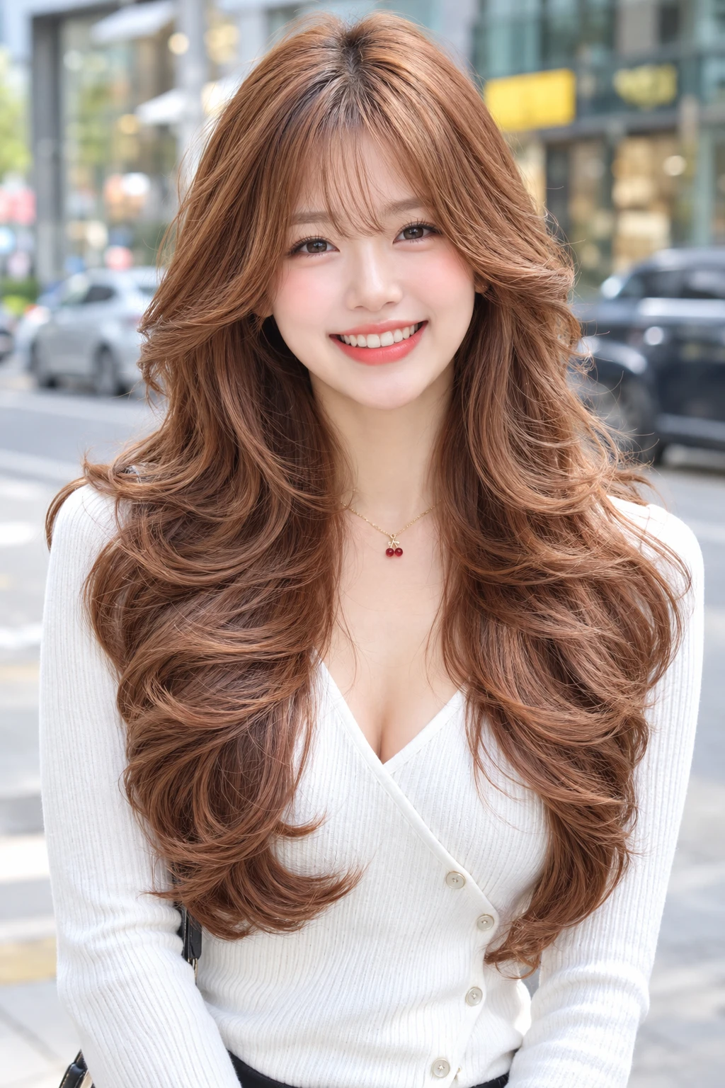 Copper Brown Layered Wolf Cut with Wavy Curtain Bangs