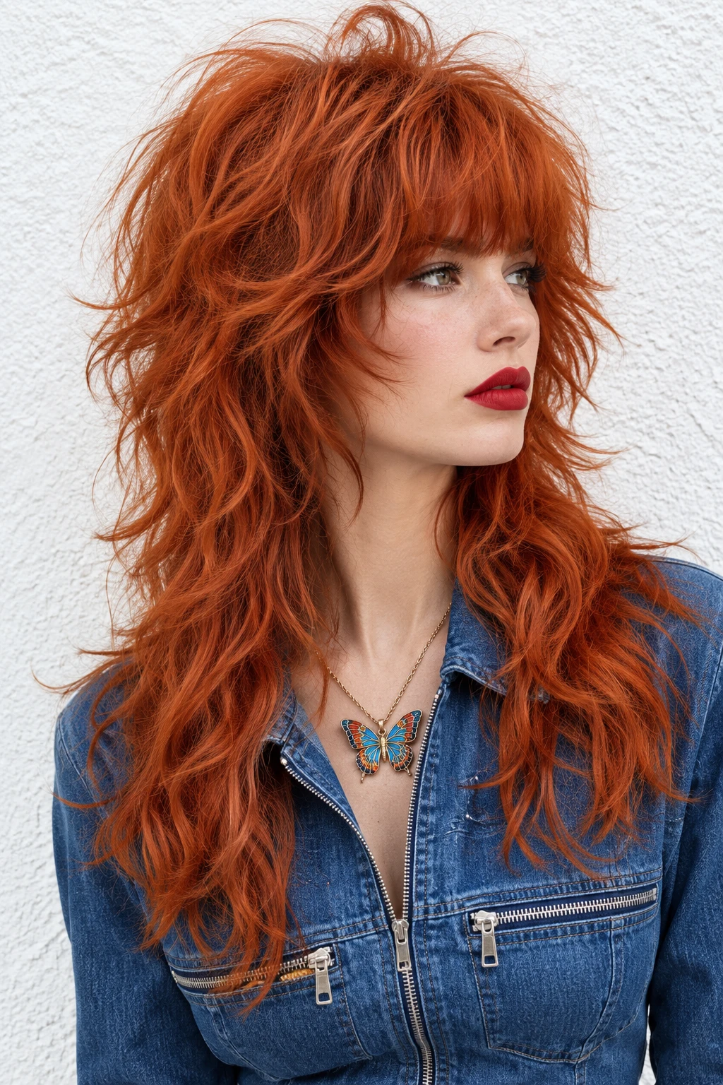 Fiery Red Shaggy Wolf Cut with Blunt Bangs