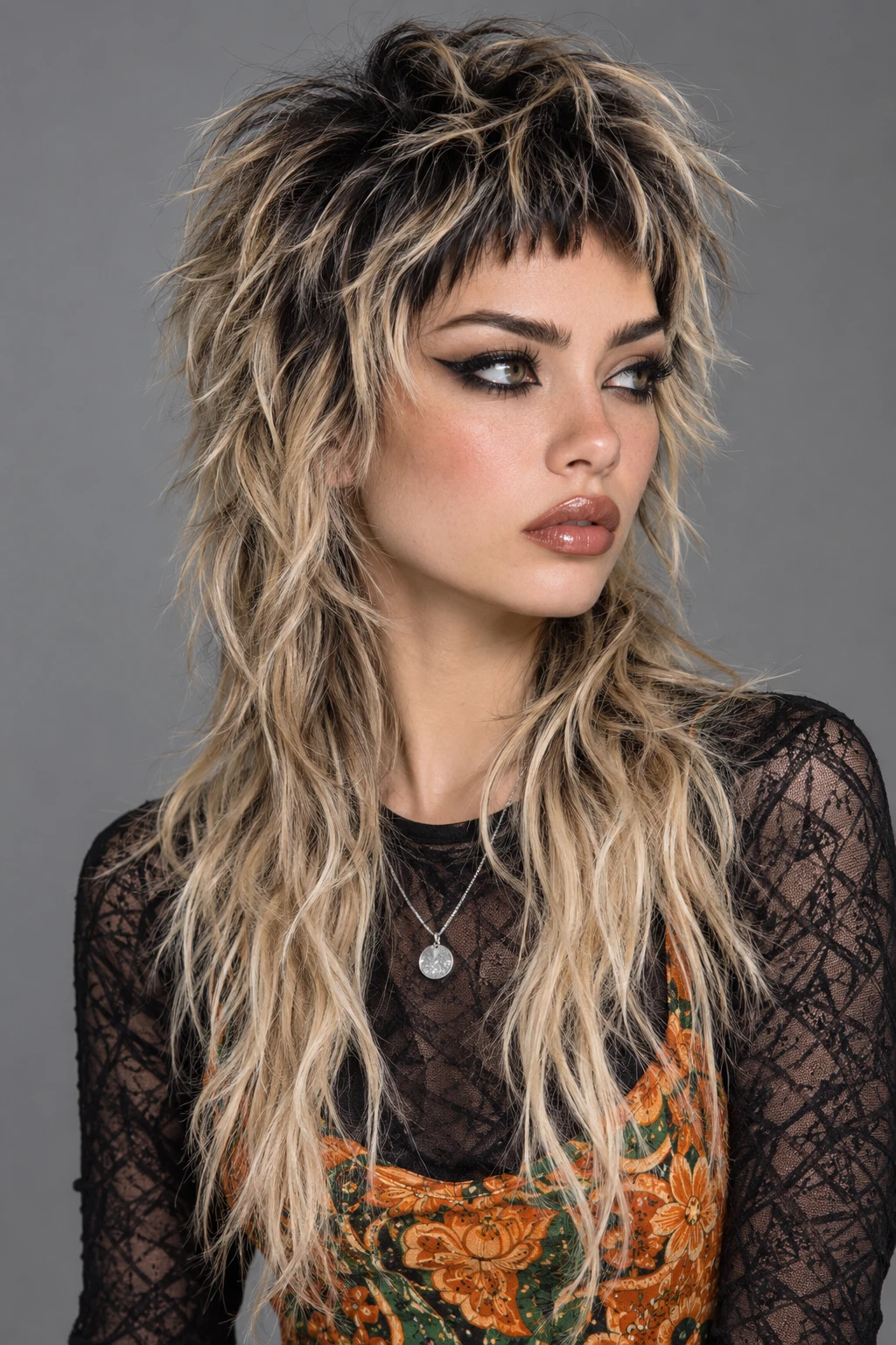 Dark Rooted Balayage Wolf Cut with Micro Bangs
