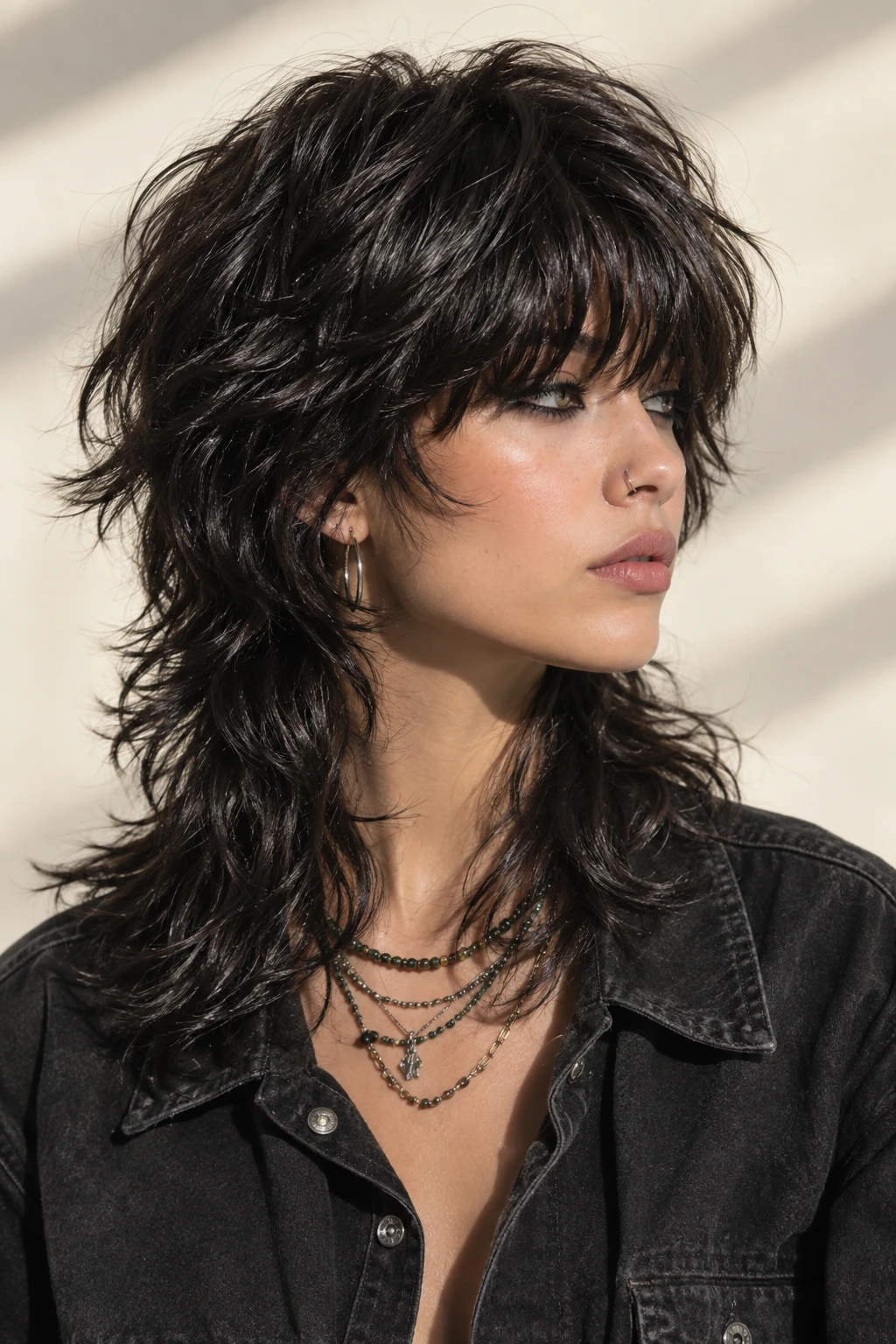 Effortless Brunette Wolf Cut with Wispy Curtain Bangs