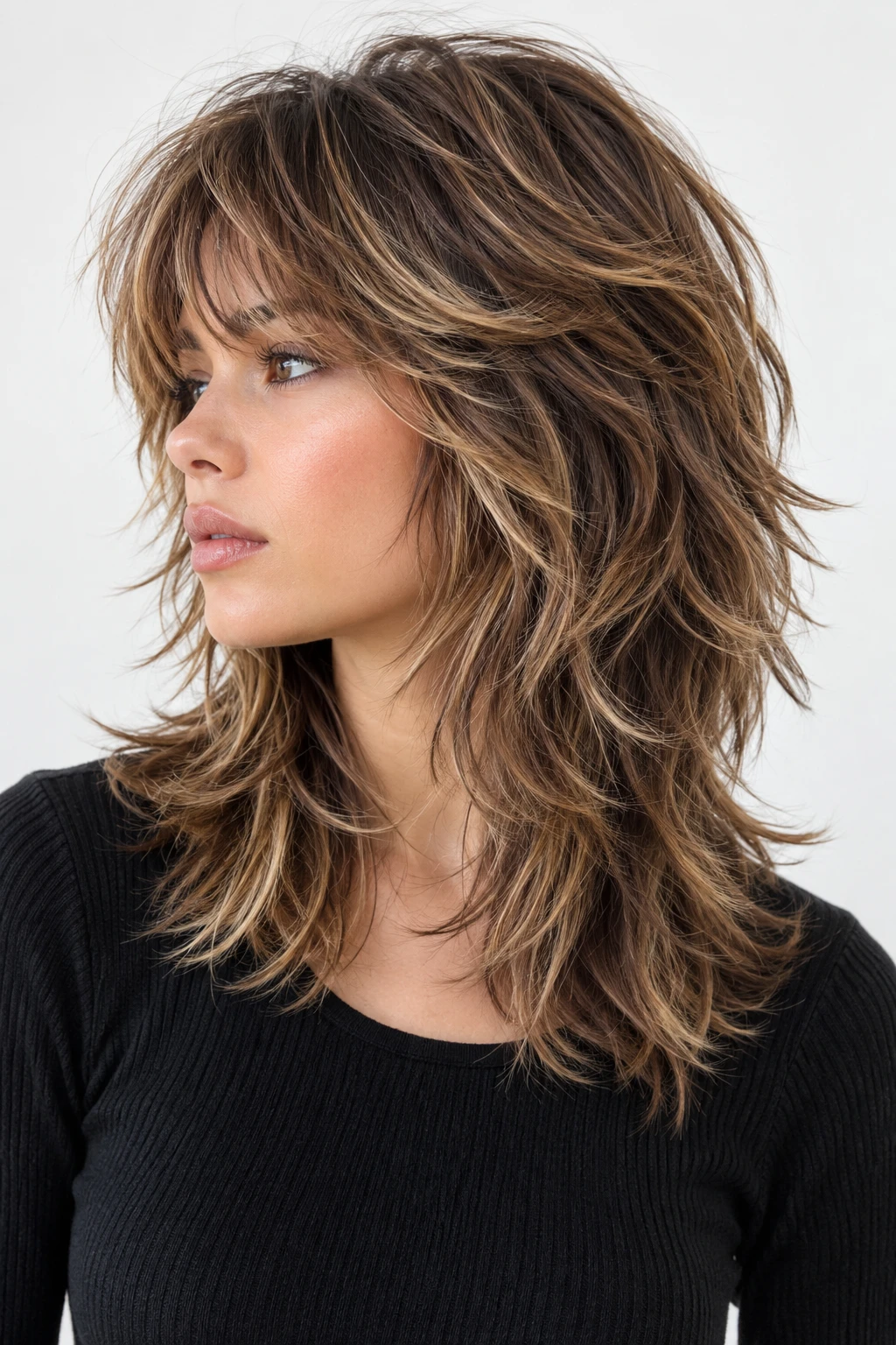 Medium Length Wolf Cut with Sun-Streaked Bangs