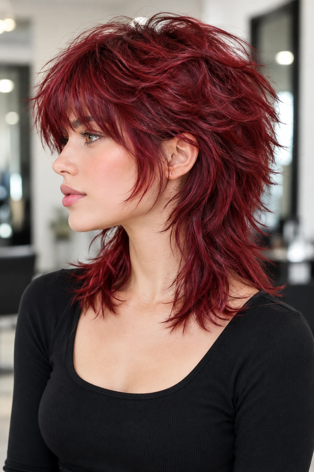 Bold Burgundy Wolf Cut with Choppy Layers