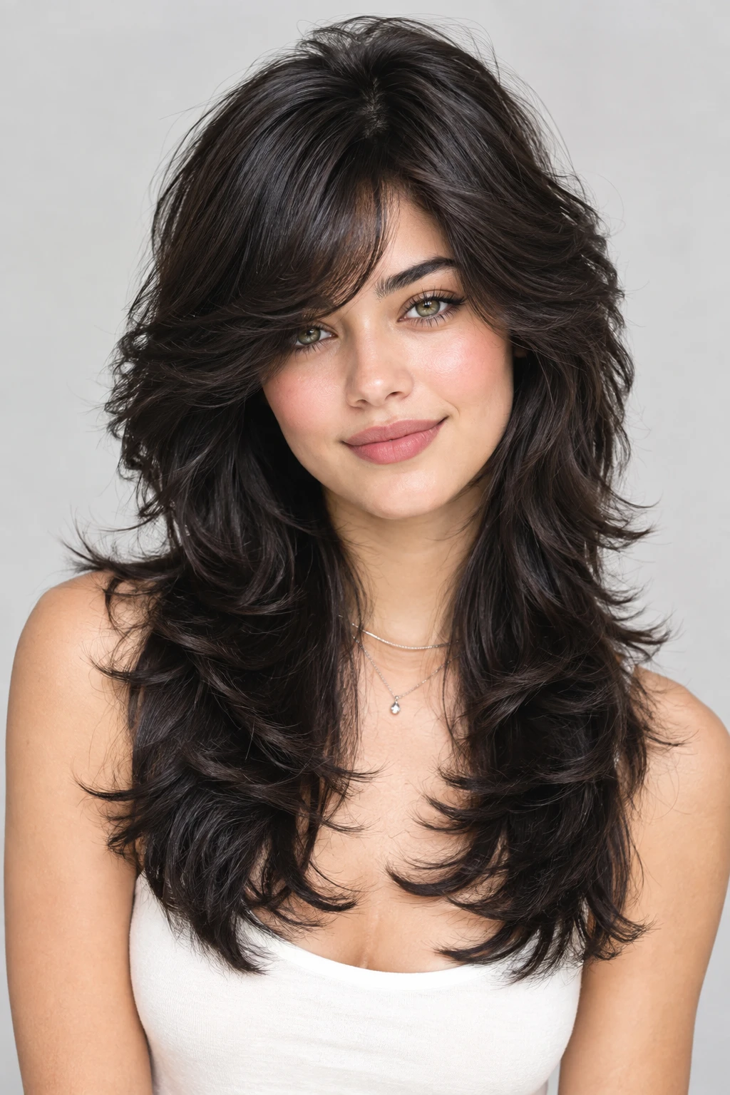 Glossy Dark Brunette Wolf Cut with Face-Framing Layers