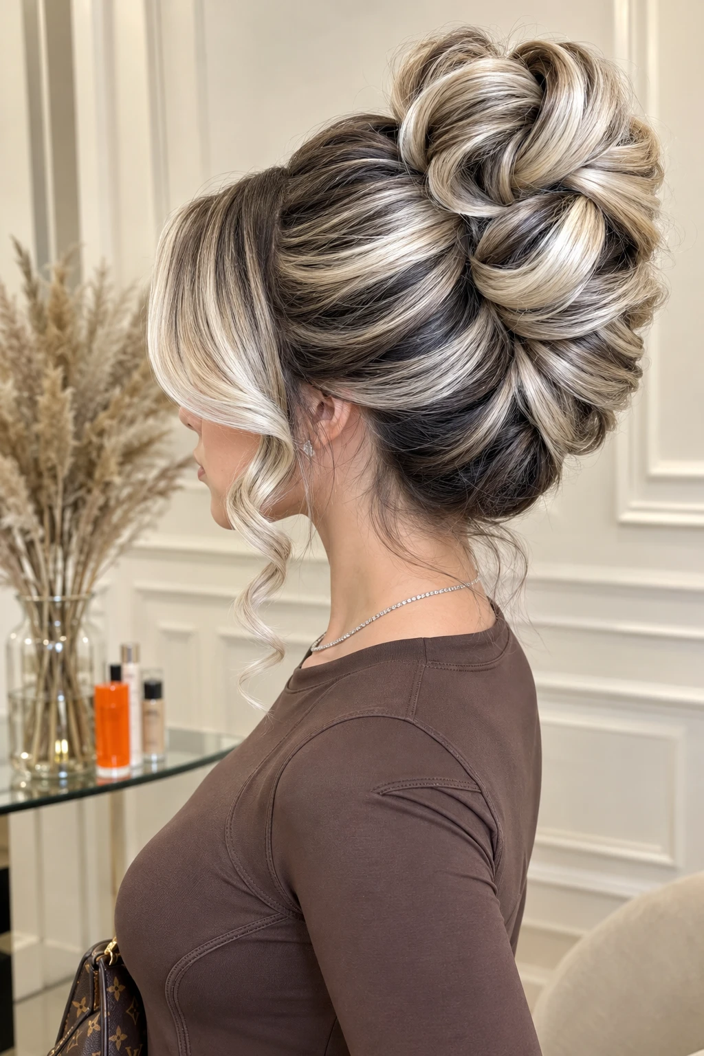 High Rose Bun with Face Framing Curls