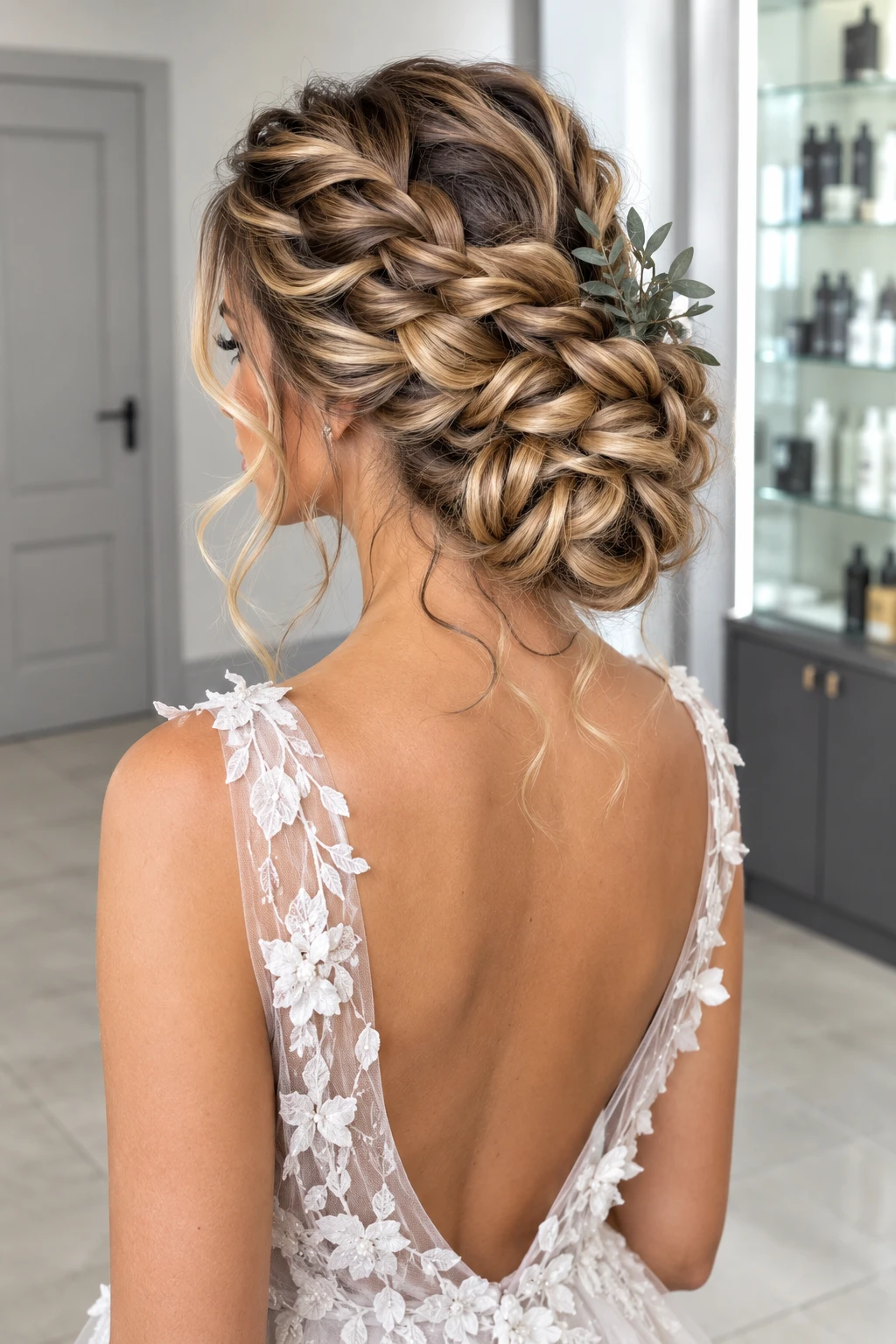 Braided Low Bun with Greenery Accent