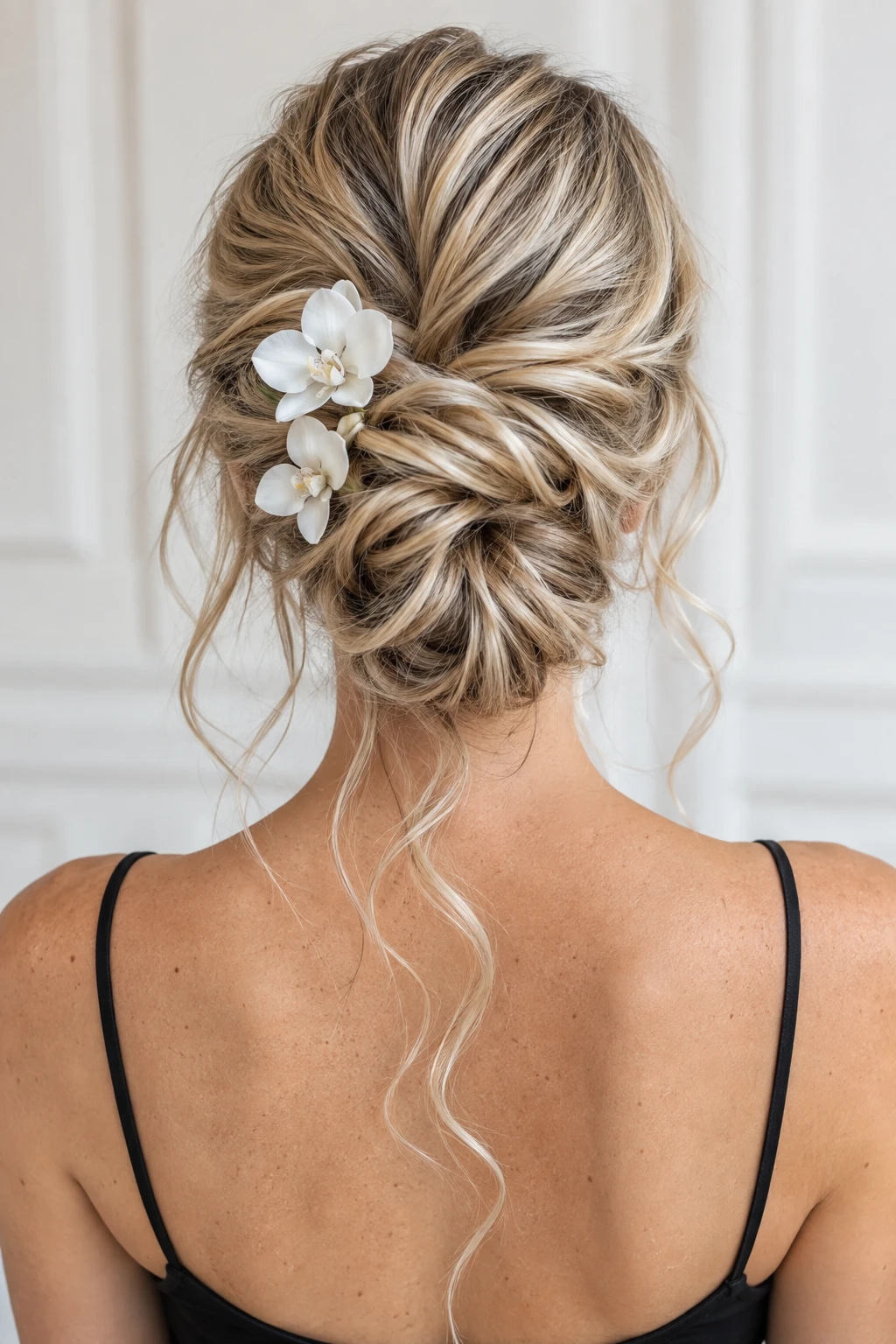 Low Twisted Bun with Orchid Blooms