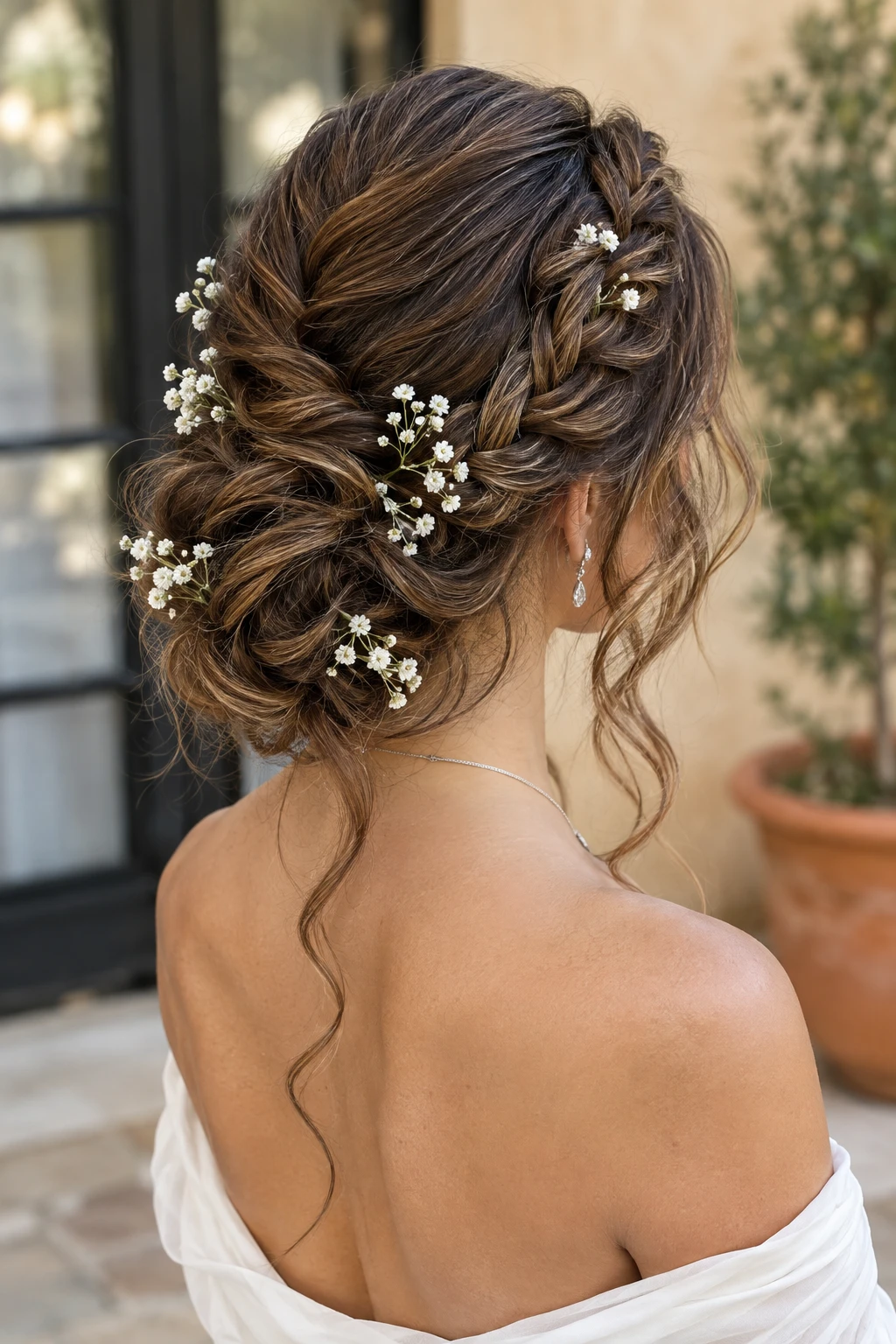 Textured Braided Updo with Scattered Baby's Breath