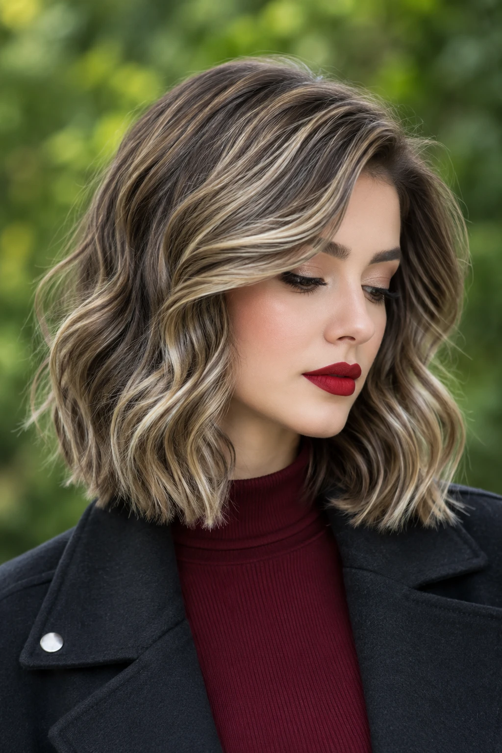 Balayage Wavy Lob with Side-Swept Bangs