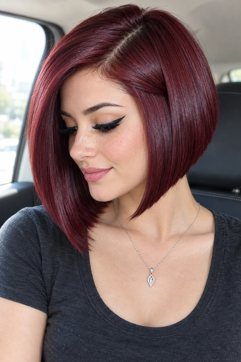 Deep Burgundy Angled Bob with Center Part
