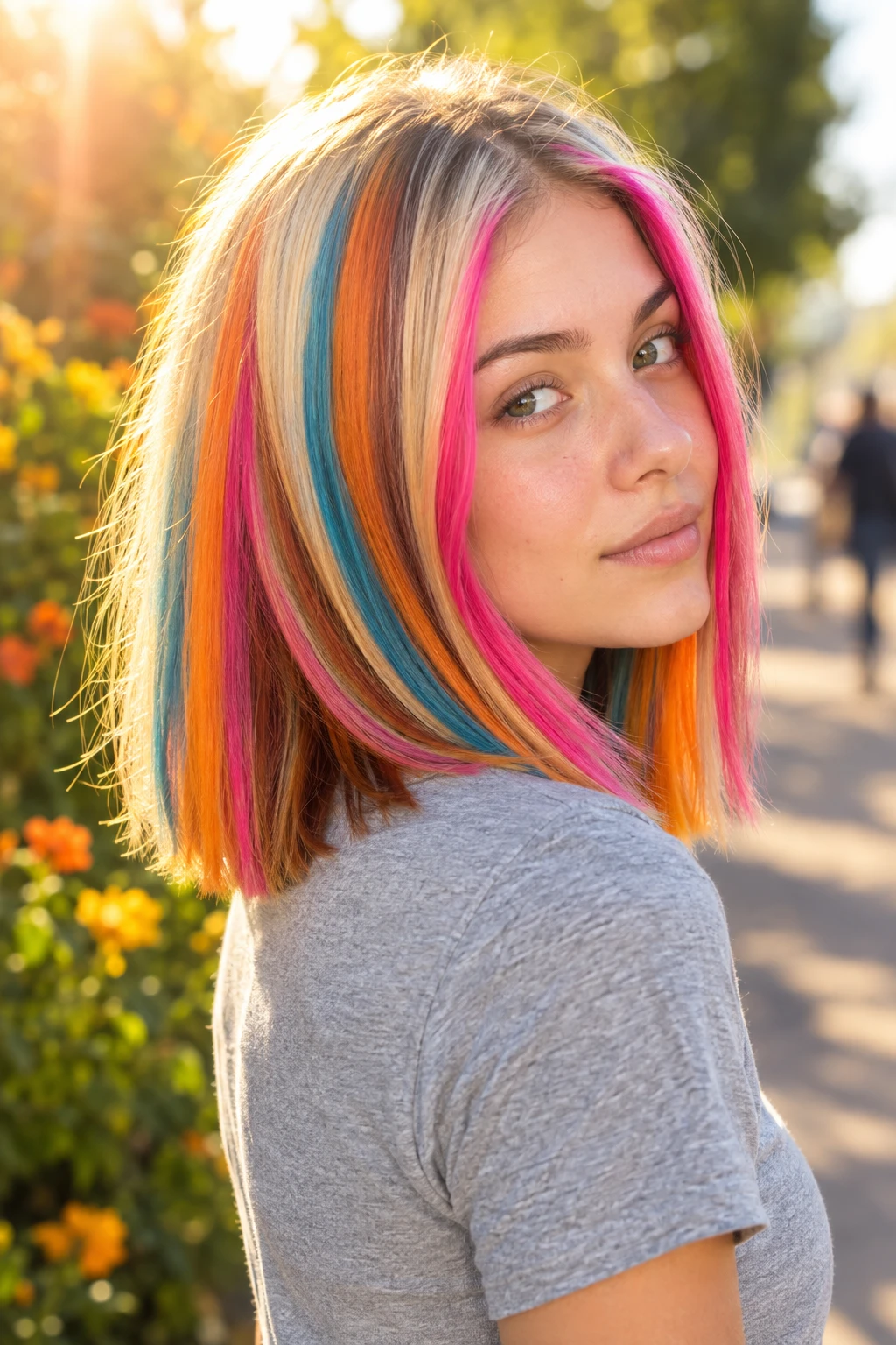 Rainbow Streaked Bob with Straight Ends