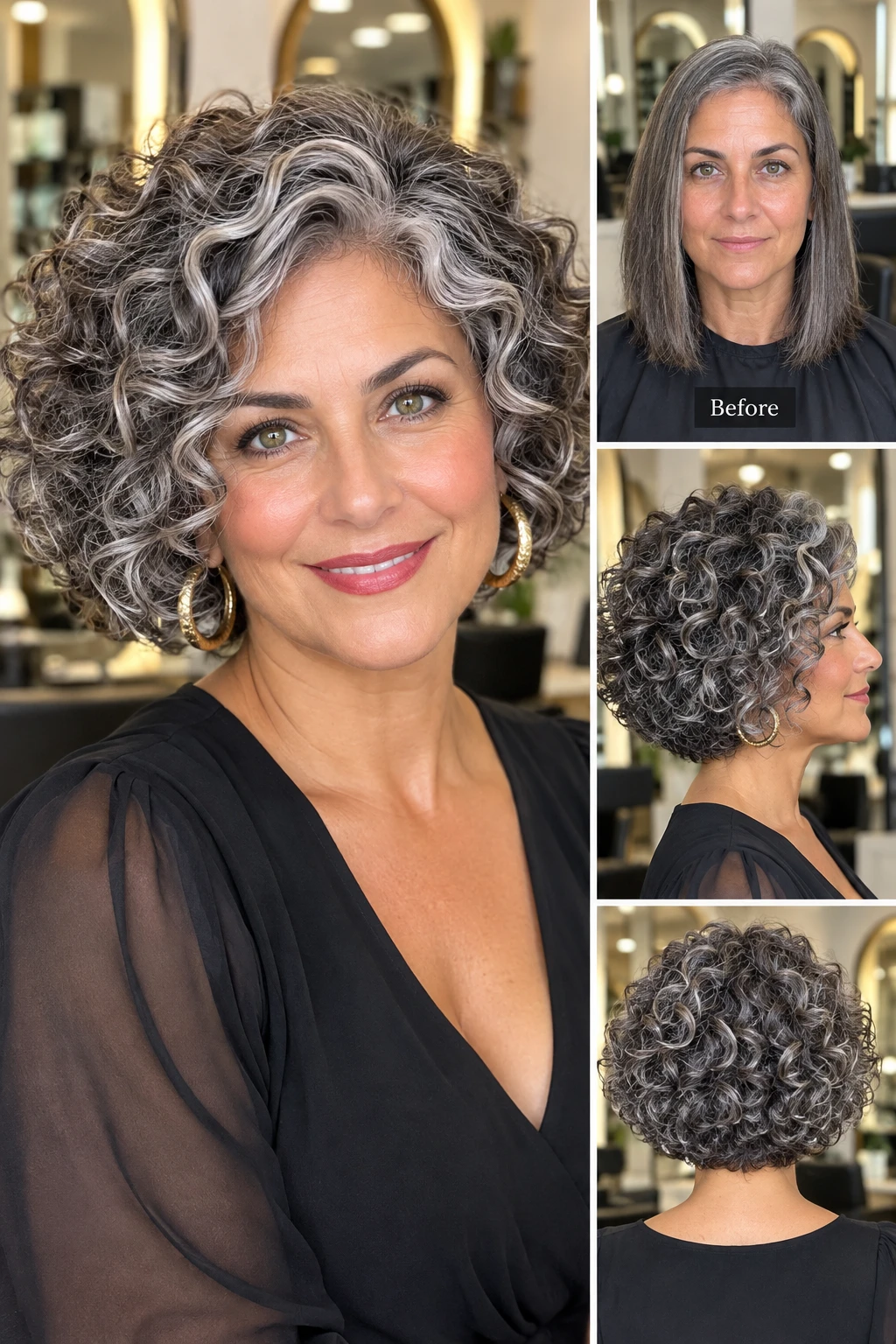 Curly Gray Bob Transformation with Salt and Pepper Tones