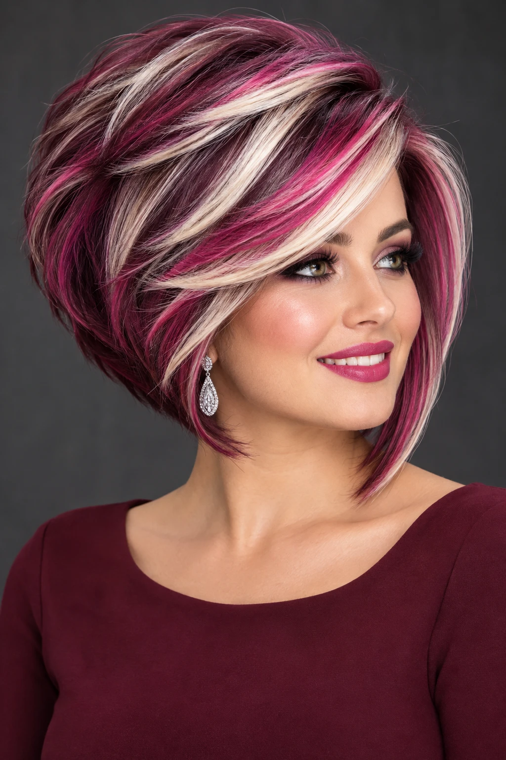 Magenta and Cream Streaked Bob with Volume