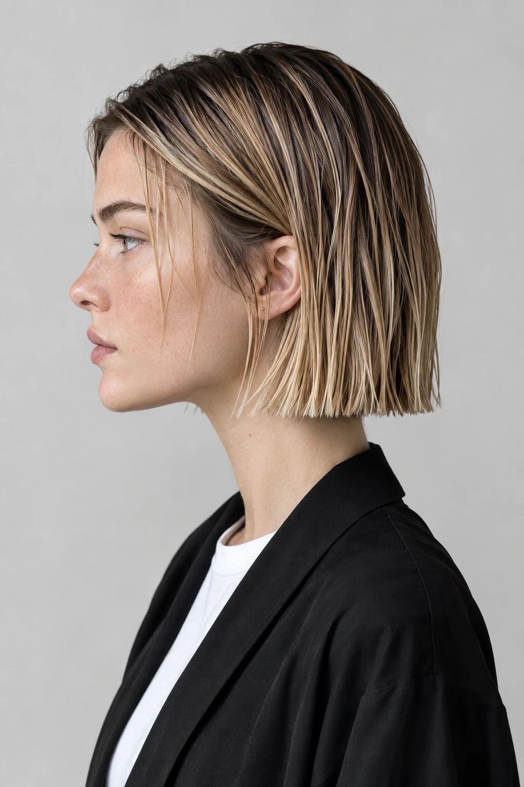 Sleek Wet-Look Bob with Blunt Ends