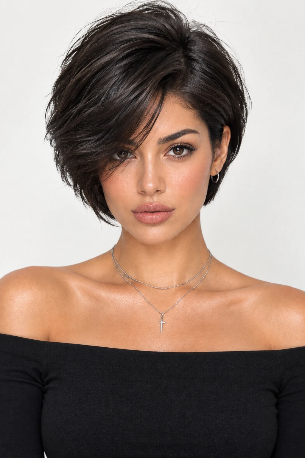 Glossy Dark Brunette Bixie with Side Swept Fringe
