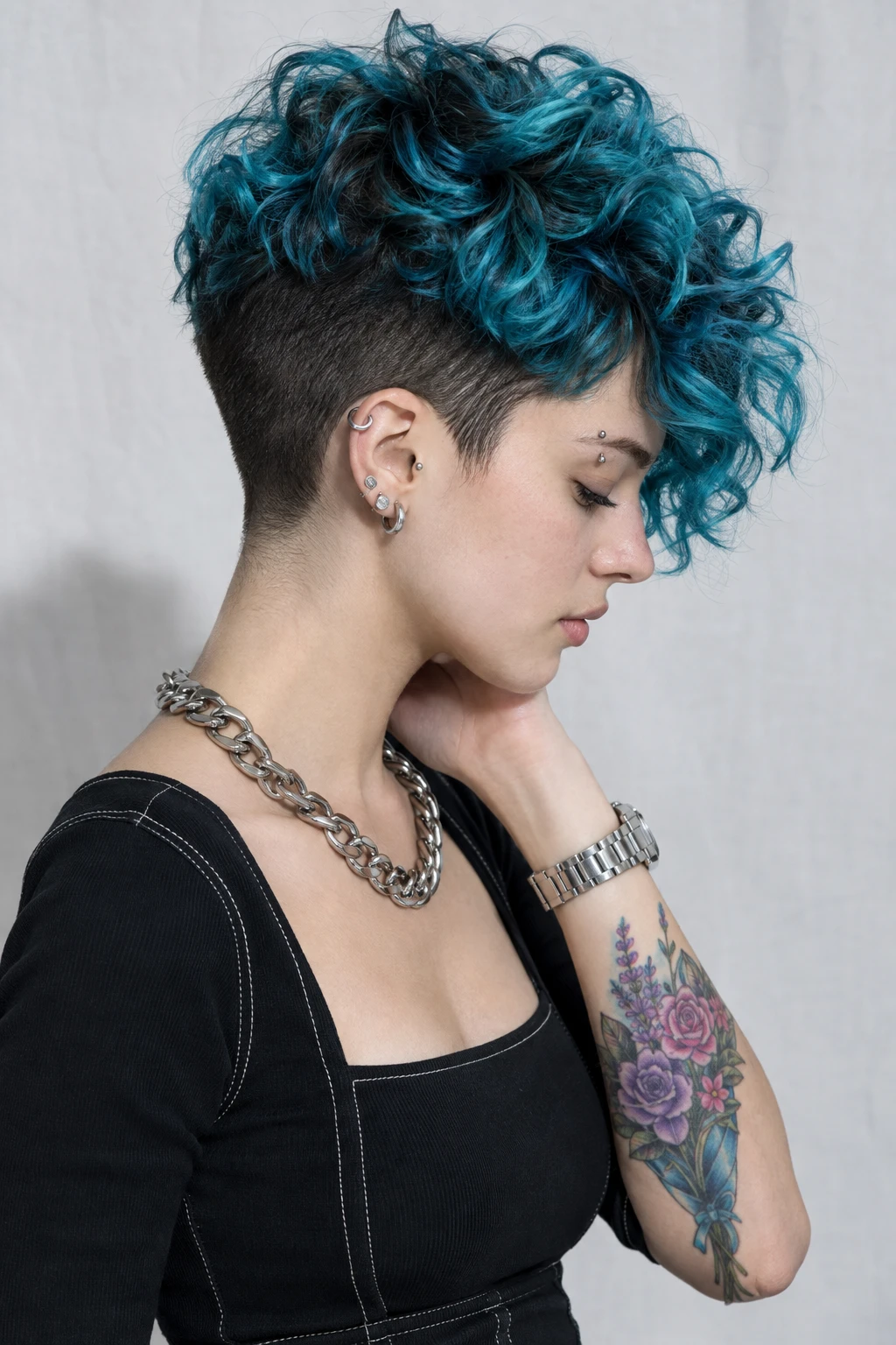 Curly Teal Pixie with Undercut Sides