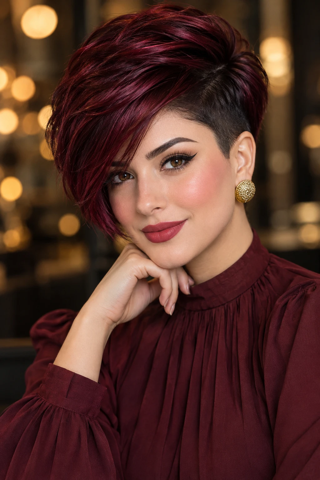 Burgundy Voluminous Pixie with Undercut Side