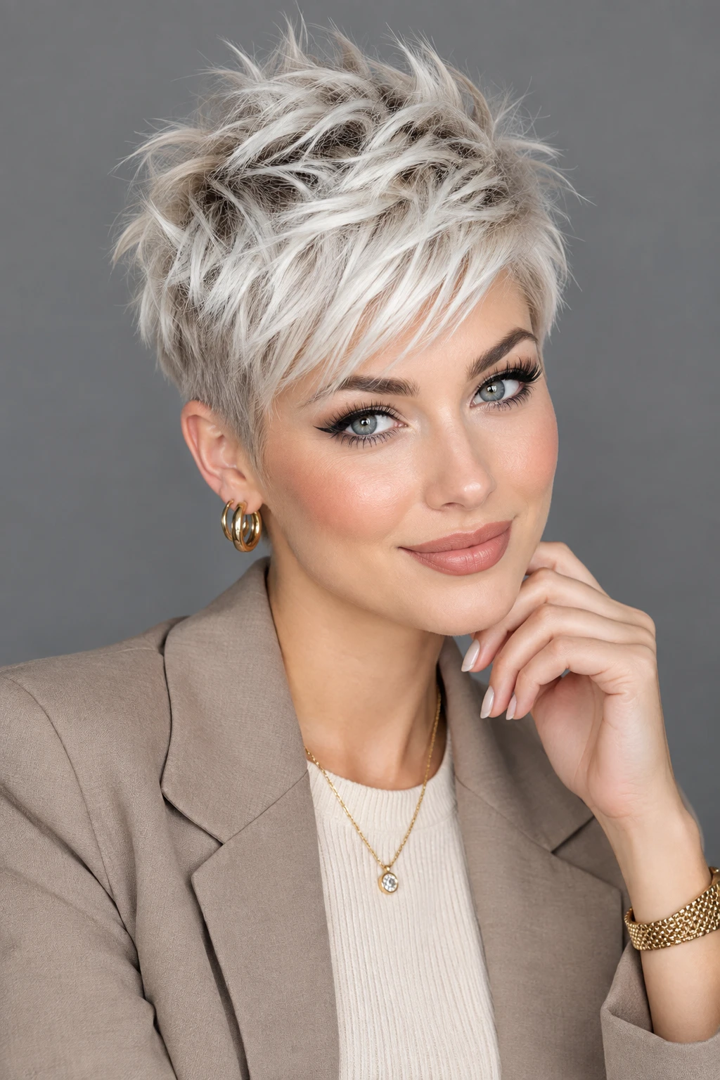 Silver Blonde Textured Pixie with Side Fringe